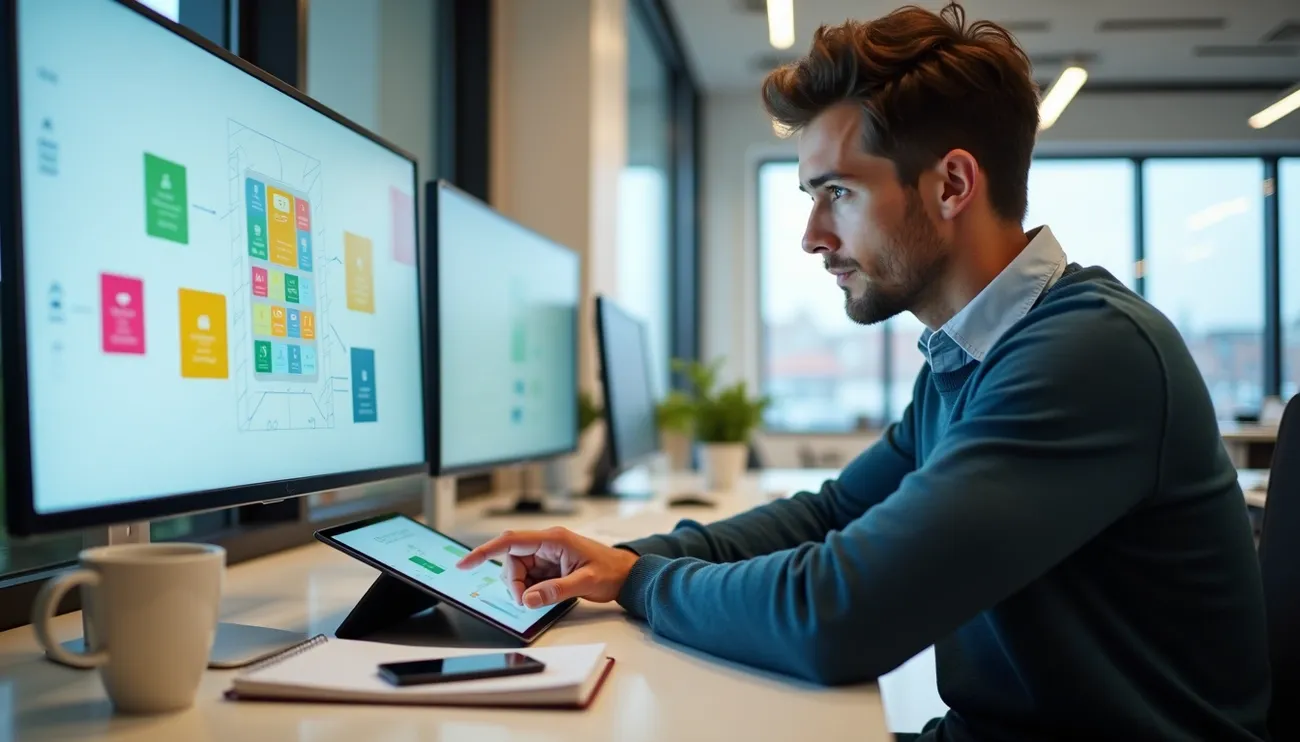 Person working on a tablet and large monitors displaying colorful app wireframes in a modern office setting.