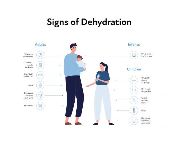 Infographic listing dehydration signs for adults, infants, and children with corresponding symptoms and icons.
