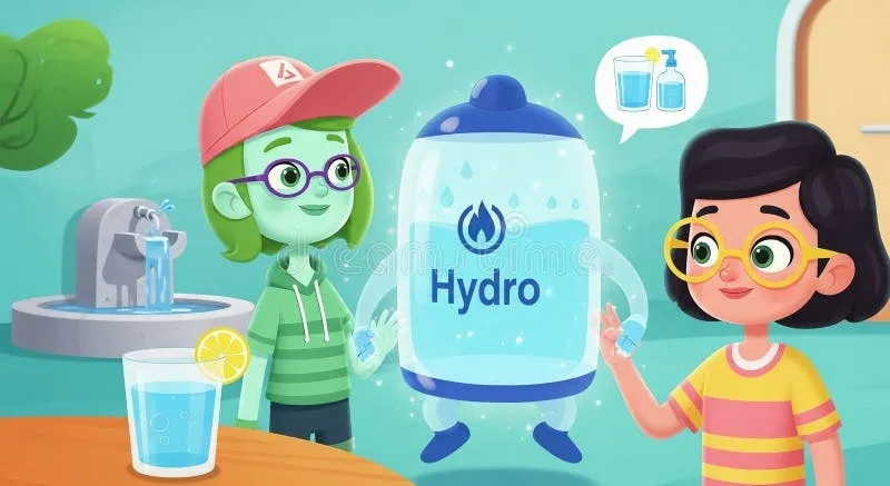 Two children interact with a friendly water dispenser character promoting hydration indoors near a water fountain and a glass of lemon water.